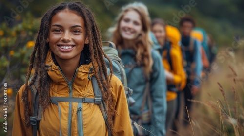 Portrait of a joyful young female hiker with a group of friends on a trail