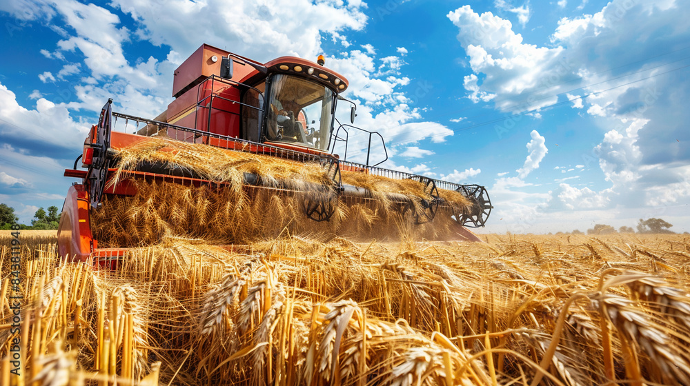 Fototapeta premium Red combine harvester is harvesting wheat in field under blue sky with white clouds