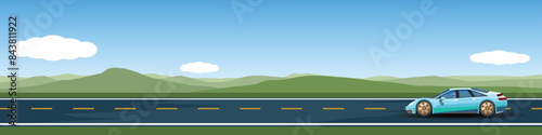 Travels of sedan of sport car with driving for banner. Asphalt road near the meadow with green mountain under clear sky. Copy Space Flat Vector.