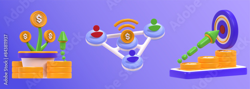 financial growth, financial network and financial goals in 3d icon illustration. 3d rendering of graphic design interface