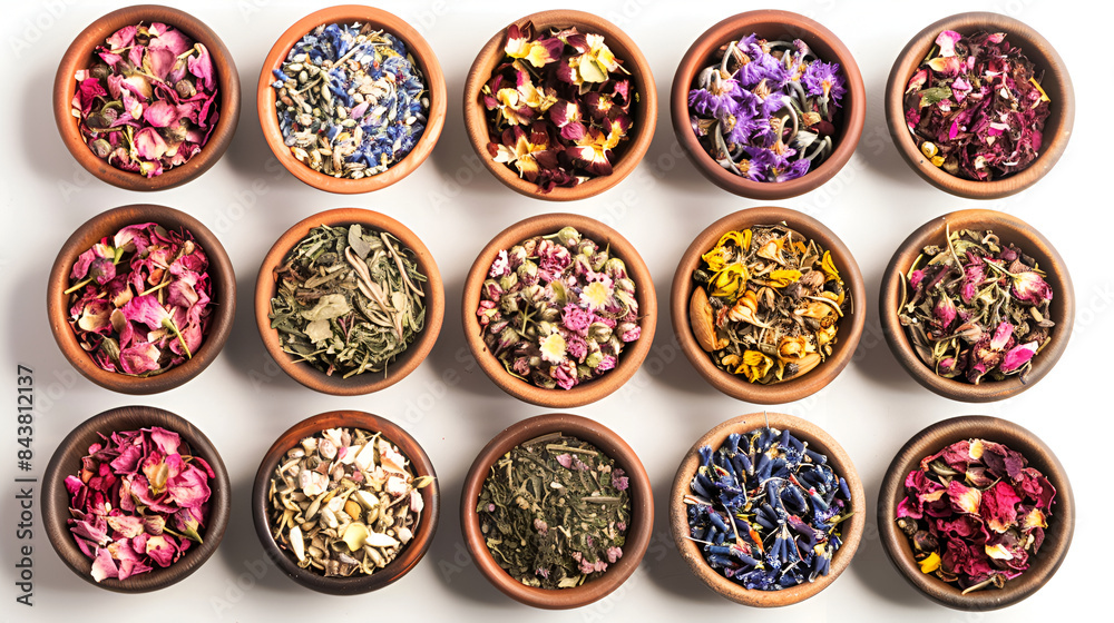 Bowls with different spices on white background , Mix of herbs in bowl