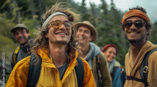 A diverse group of friends laughing while hiking a scenic mountain trail.