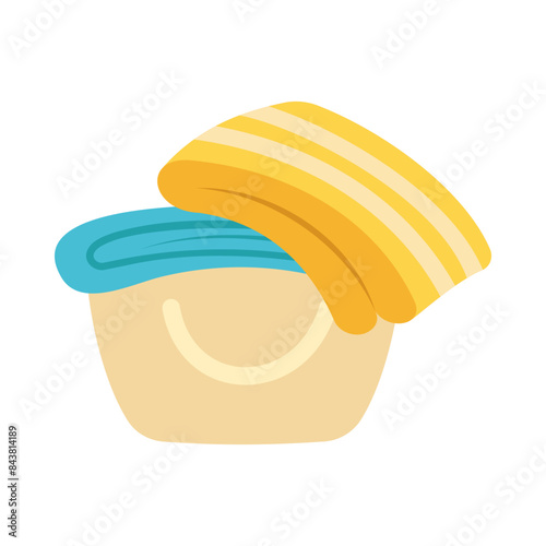 Towels. Cartoon terry cloth hanging on holder, rolled napkin and handkerchief in stack. Kitchen or bathroom hygienic fluffy fabric for wiping. Colorful domestic dishtowel. Vector textile toiletry