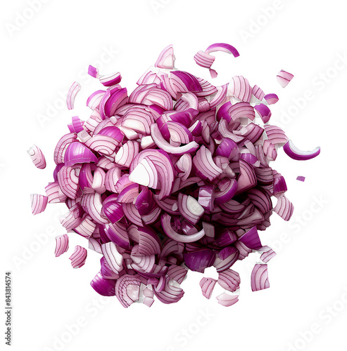 Red onion chopped into various sizes.