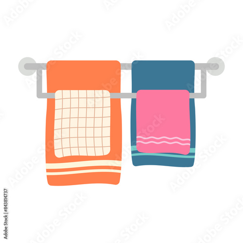 Towels. Cartoon terry cloth hanging on holder, rolled napkin and handkerchief in stack. Kitchen or bathroom hygienic fluffy fabric for wiping. Colorful domestic dishtowel. Vector textile toiletry