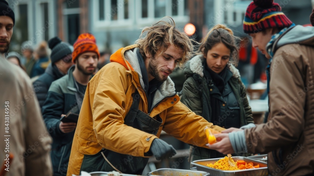 A group of volunteers distributing food and clothing to homeless people in a soup kitchen. A group of volunteers distributing food and clothing to homeless people in a soup kitchen.