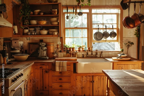 A Warm Rustic Kitchen with Wooden Cabinets and Farmhouse Sink in Sunlit Interior © abd