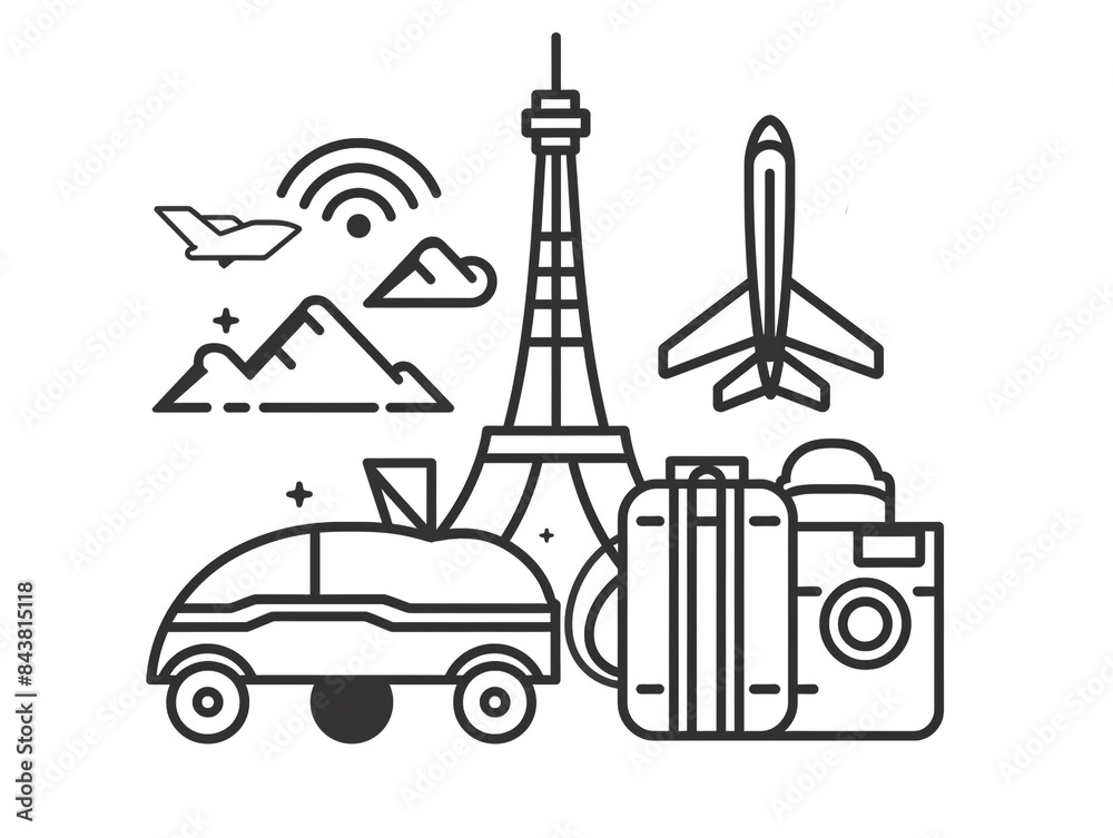 Black outline icon of the travel icon isolated on white background. Black outline icon of the travel icon isolated on white background.