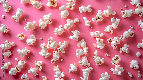 Scattered Popcorn on Pink Background - Overhead View of White Popcorn Kernels on Vibrant Pink Surface - Snack Food Concept - Minimalist Design - High-Quality Stock Photo for Food and Lifestyle Themes