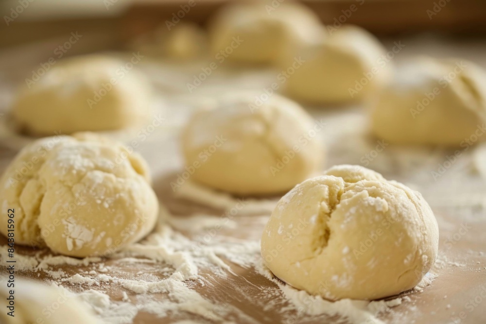 Several doughnuts are on a baking sheet with flour, biscuit dough type
Several doughnuts are on a baking sheet with flour, biscuit dough type