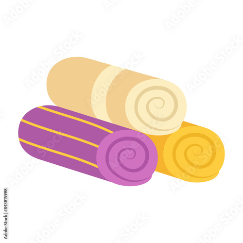 Towels. Cartoon terry cloth hanging on holder, rolled napkin and handkerchief in stack. Kitchen or bathroom hygienic fluffy fabric for wiping. Colorful domestic dishtowel. Vector textile toiletry