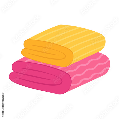 Towels. Cartoon terry cloth hanging on holder, rolled napkin and handkerchief in stack. Kitchen or bathroom hygienic fluffy fabric for wiping. Colorful domestic dishtowel. Vector textile toiletry
