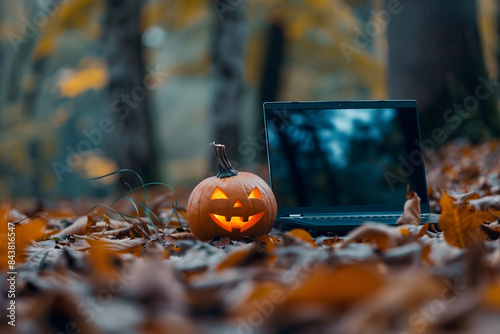 spooky scary pumpkin face with a laptop on autumn leaf drop outdoor season background ,  haloween themed tech concept