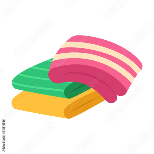 Towels. Cartoon terry cloth hanging on holder, rolled napkin and handkerchief in stack. Kitchen or bathroom hygienic fluffy fabric for wiping. Colorful domestic dishtowel. Vector textile toiletry