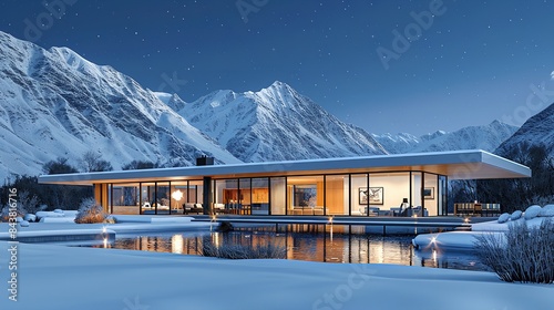 A modern home with large windows and a reflecting pool sits against a backdrop of snow-covered mountains at sunset © Multiverse