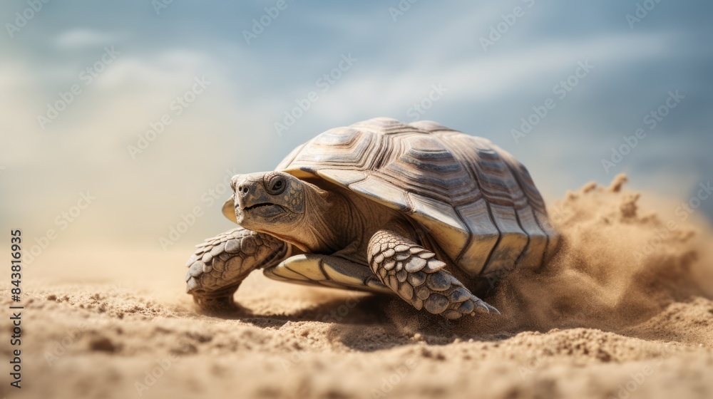 Obraz premium A mesmerizing tortoise slowly making its way across a sandy beach, its shell etched with the passage of time.