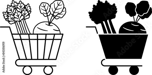 Organic Market Icons. Black and White Vector Icons of Trolleys with Products. Natural and Environmentally Friendly Product. Organic Farming Concept