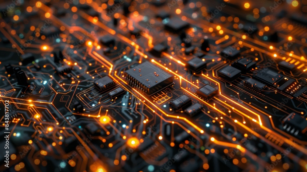 A network of circuit board lines and components forms a visually appealing representation of technological infrastructure. A network of circuit board lines and components forms a visually appealing representation of technological infrastructure.