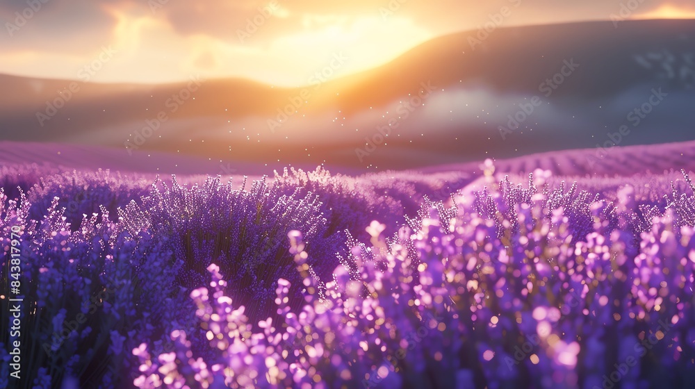 Fototapeta premium A vibrant lavender field bathed in the golden glow of sunrise, with mist rolling through the hills.