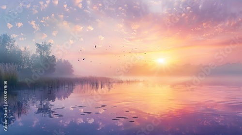 A serene lake at sunrise, with a vibrant sky, mist, and birds flying overhead.