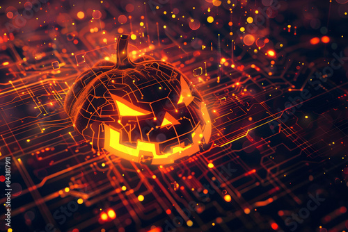 scary halloween face coming up on abstract cyber space glowing background with orange  lights photo