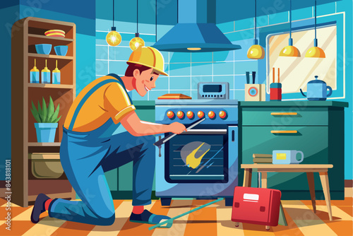Master Poremotu is squatting in the kitchen. He is holding a tool and repairing the stove. The kitchen is equipped with cabinets, a hood over the stove, and hanging pans