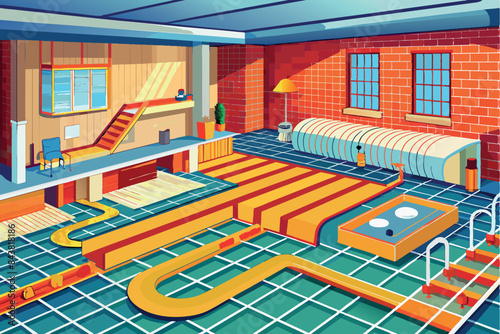 of a room under construction. Attention is given to the installation of the underfloor heating system. The pipes are connected to the central heating system.