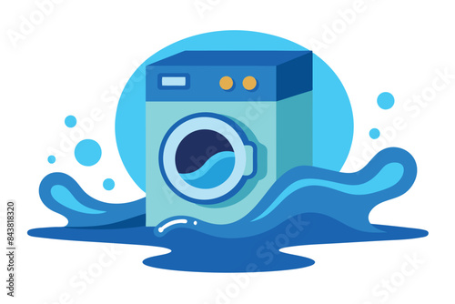 The washing machine is overflowing and a large wave of water is pouring out of its open door, flooding the floor.