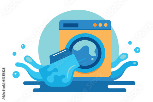 The washing machine is overflowing and a large wave of water is pouring out of its open door, flooding the floor.