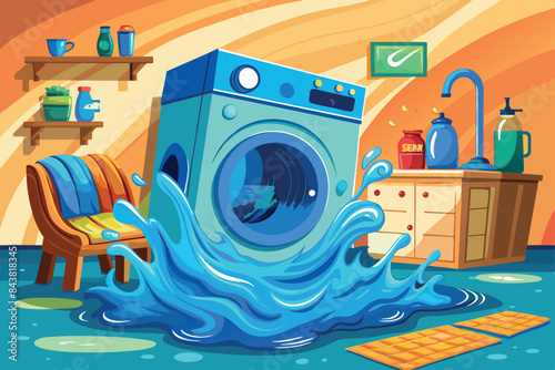 The washing machine is overflowing and a large wave of water is pouring out of its open door, flooding the floor.