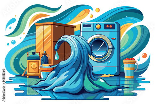 The washing machine is overflowing and a large wave of water is pouring out of its open door, flooding the floor.