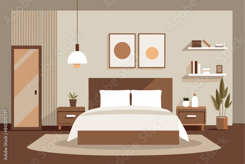 The interior of a bedroom in the style of a cartoon. In the center of the room is a large bed with white linens, on both sides of which are wooden nightstands with lamps.