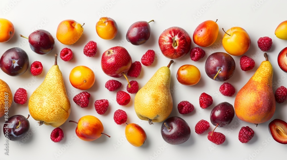 An assortment of fresh fruits including pears, plums, peaches, and raspberries arranged on a white background in a colorful display. An assortment of fresh fruits including pears, plums, peaches, and raspberries arranged on a white background in a colorful display.
