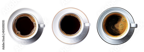 Coffee in white cups seen from above on transparent background.