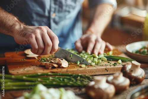 Closeup of hands using a knife to slice vegetables on a wooden board, a man wearing a blue shirt and watch in the background