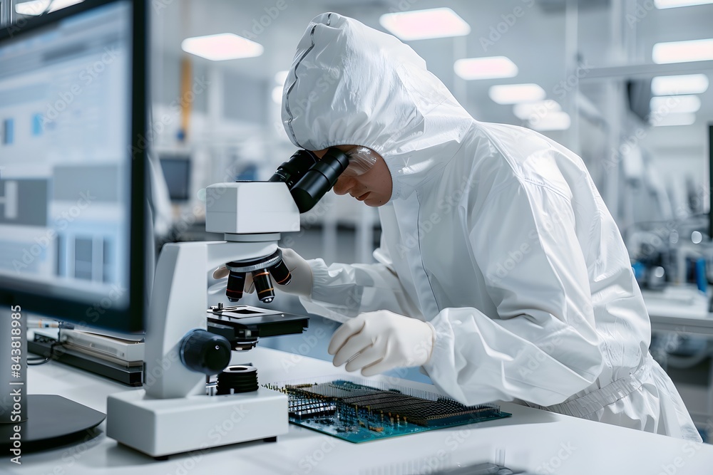 Technician Inspecting Circuit Board Under a Microscope Technician Inspecting Circuit Board Under a Microscope