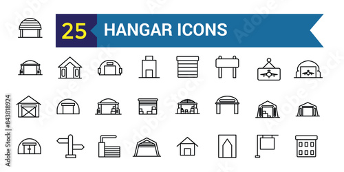 Hangar icons set. Outline set of hangar vector icons for ui design. Outline icon collection. Editable stroke.