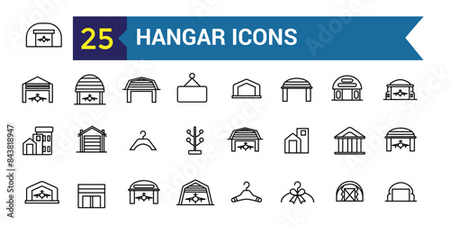 Hangar icons set. Outline set of hangar vector icons for ui design. Outline icon collection. Editable stroke.