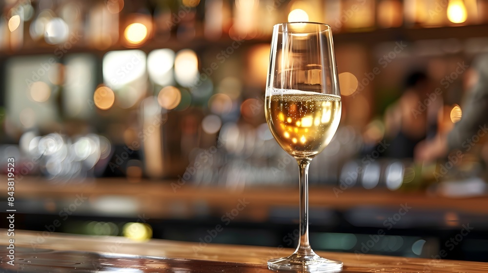 Sparkling Wine Glass on Bar Counter with Socializing Background Sparkling Wine Glass on Bar Counter with Socializing Background