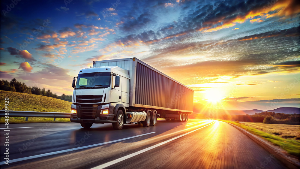 Container truck on highway at sunset, transporting goods with scenic sky and hills, logistics and transportation