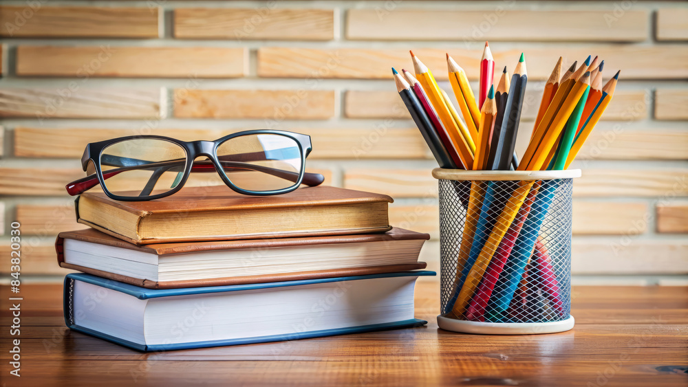 Stack of textbooks with glasses and colorful pencils in a holder on a wooden desk, symbolizing education. Stack of textbooks with glasses and colorful pencils in a holder on a wooden desk, symbolizing education.