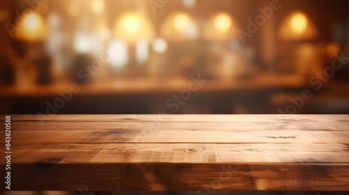 A rustic wooden table with a slightly rough surface, set against a blurred kitchen background with warm lighting. © venusvi
