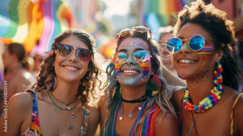 Three young women with rainbow face paint and colorful accessories, smiling at pride parade. Reflective sunglasses, festive, celebrating LGBTQ+ pride with joy and unity in a vibrant outdoor event.
