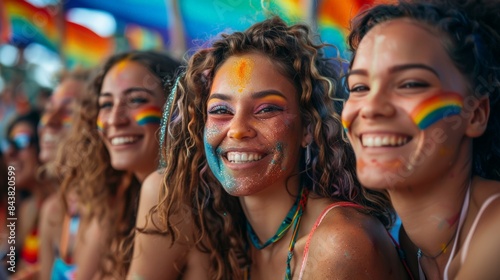 Group of diverse women with rainbow face paint and glitter, celebrating pride parade. Bright smiles, vibrant colors, showcasing LGBTQ+ pride and unity, creating a joyful and inclusive atmosphere. © N Joy Art 