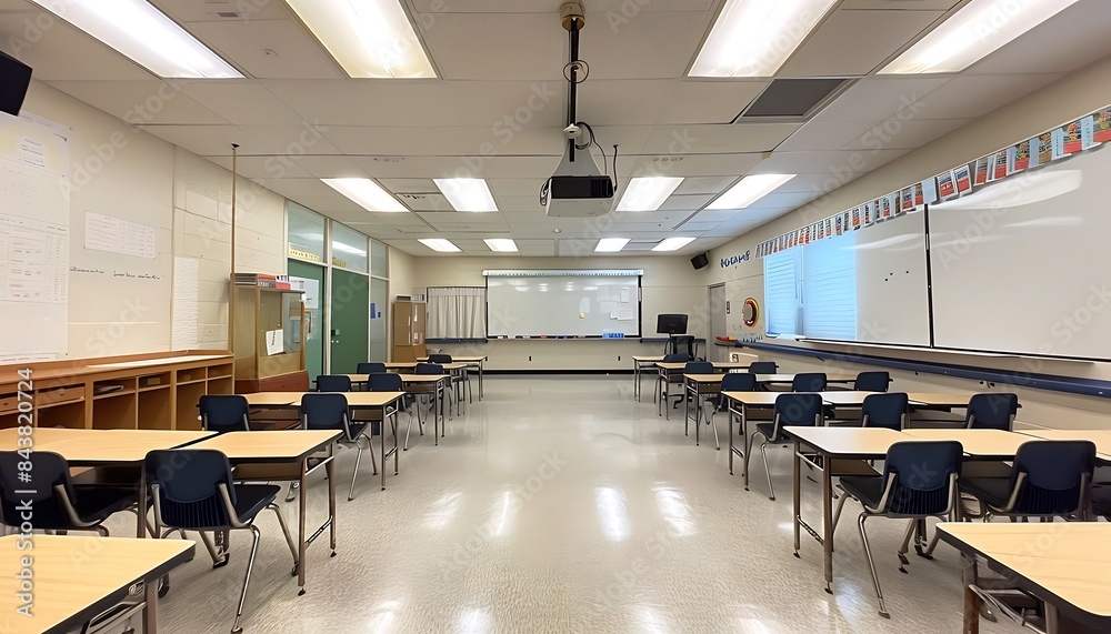 A bright, empty classroom with a large whiteboard and perfectly aligned desks A bright, empty classroom with a large whiteboard and perfectly aligned desks