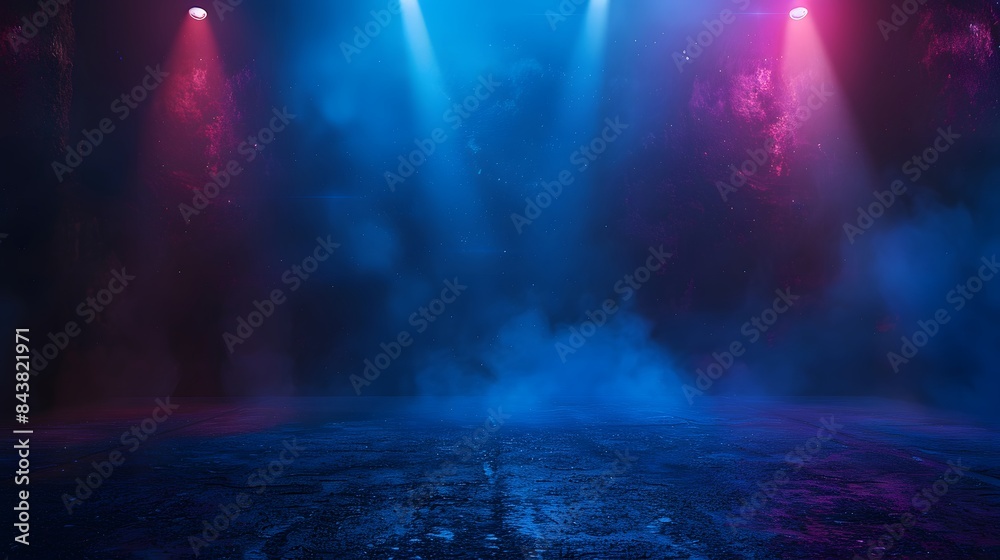 Fototapeta premium Dark empty street scene neon lights dark blue background