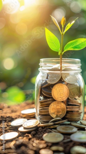 Jar filled with coins and a plant growing out of it, save money