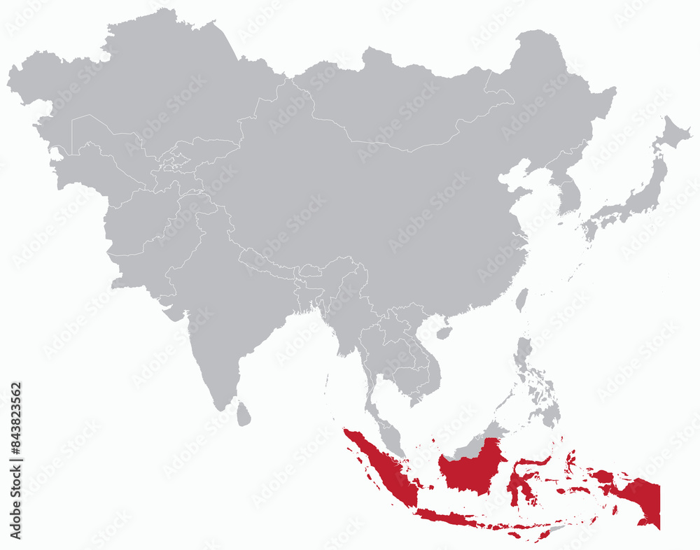 Obraz premium Highlighted red map of INDONESIA inside grey detailed blank political map of Asia on light blue background, without the Middle East and Russia