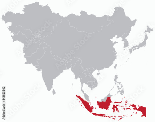 Highlighted red map of INDONESIA inside grey detailed blank political map of Asia on light blue background, without the Middle East and Russia
