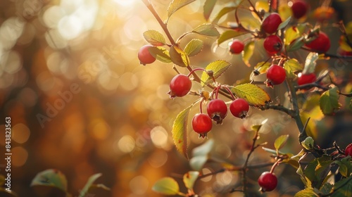 Rosehip berries under the autumn sun on the blurred backdrop of the Island Of Yagry Severodvinsk photo